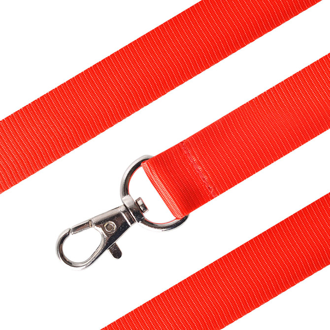 A red nylon lanyard with a metal clip at one end for attaching items.