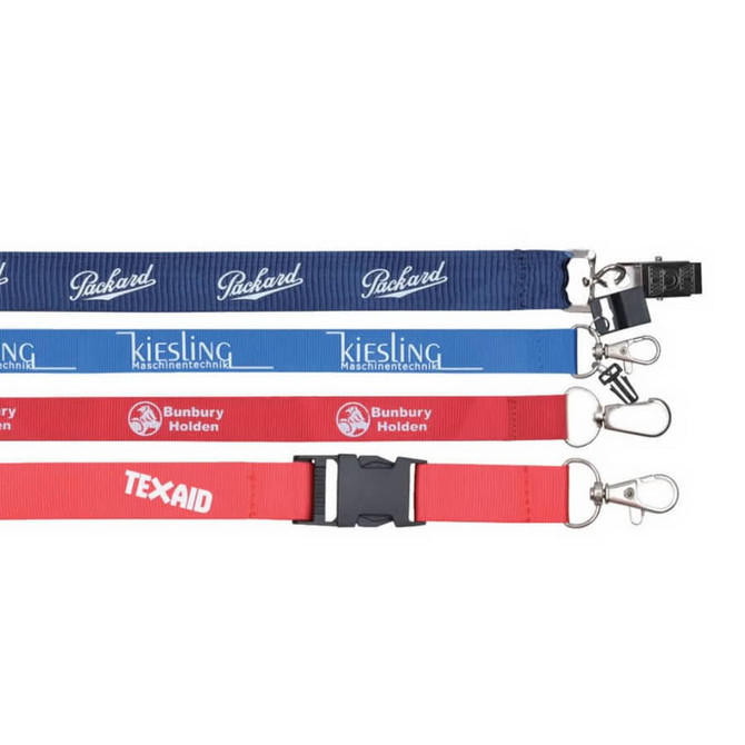 A collection of nylon lanyards in blue, red, and black, featuring various logos and clips for attachment.