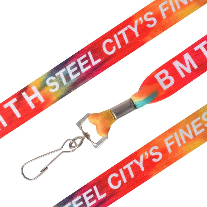 A vibrant red sublimation lanyard featuring a metal clip for attachment and a bottle opener design.