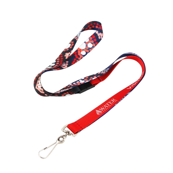 A red and patterned sublimation lanyard featuring a clip for attachment and a branding logo.