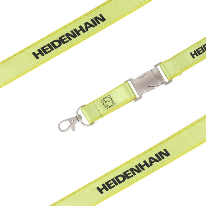 A fluorescent yellow poly satin lanyard with a clip and a logo.