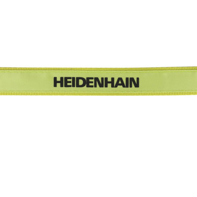 A bright yellow poly satin lanyard featuring a logo in black text.