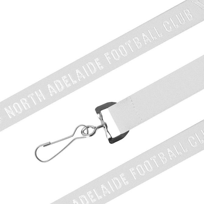 A white woven lanyard with a metal clip and a logo featuring text.