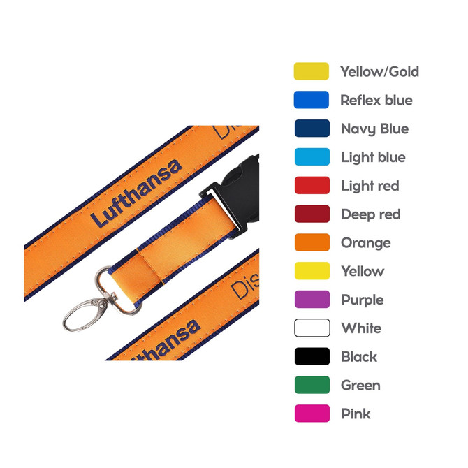 A detailed woven lanyard in orange and navy, featuring a metal clip and a logo.