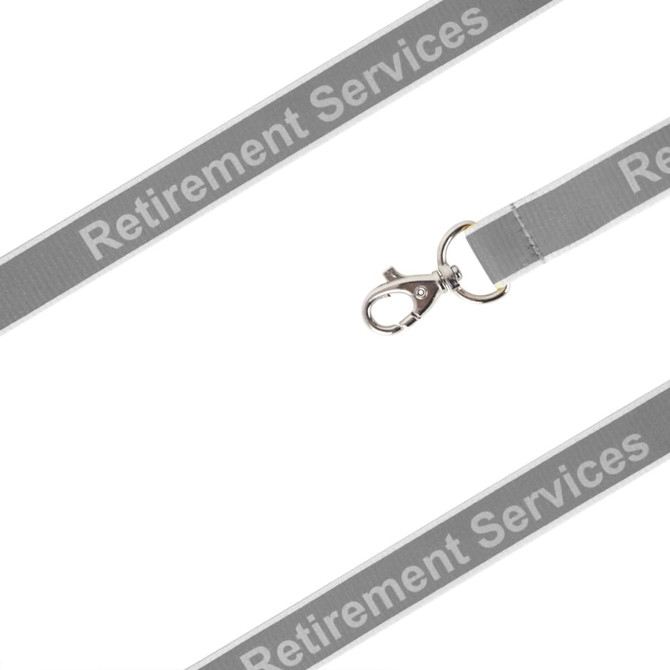 A grey safety lanyard featuring a clip for attachment and a logo along its length.