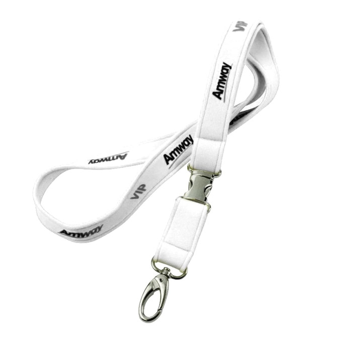 A white neoprene lanyard features a metal clip and branding.