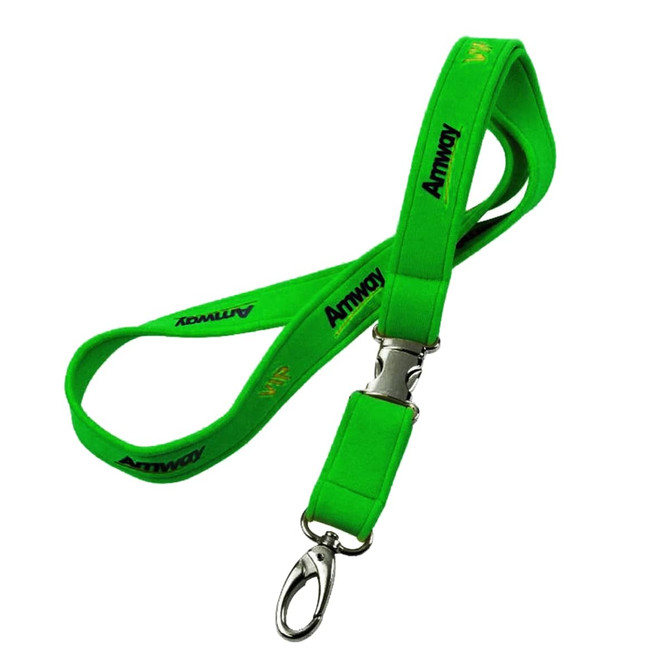 A green neoprene lanyard with a metal clip and a logo. 