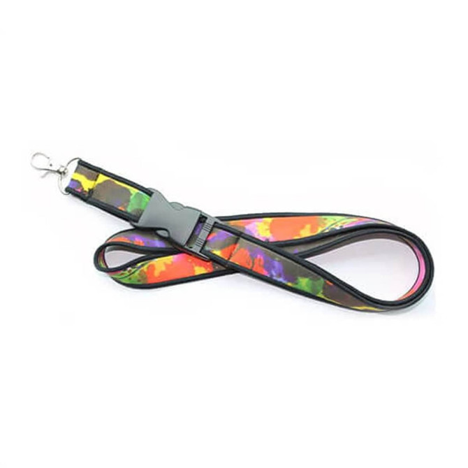 A Neoprene lanyard with a colourful pattern in shades of purple, orange, and green, featuring a clip attachment and branding.