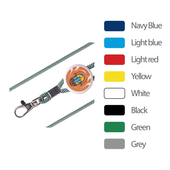 An epoxy domed lanyard with a circular badge, featuring a striped cord and a clasp, available in various colours.