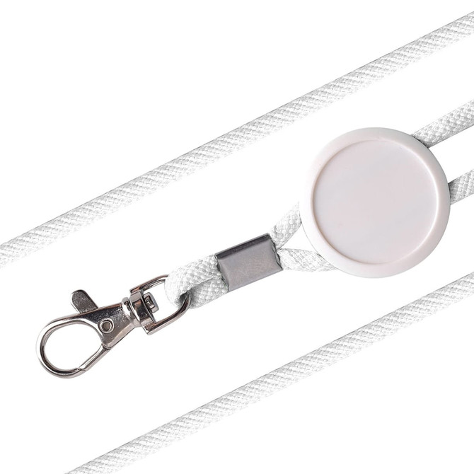 A white lanyard with a silver clip and an epoxy domed attachment. The lanyard is made of a textured material.