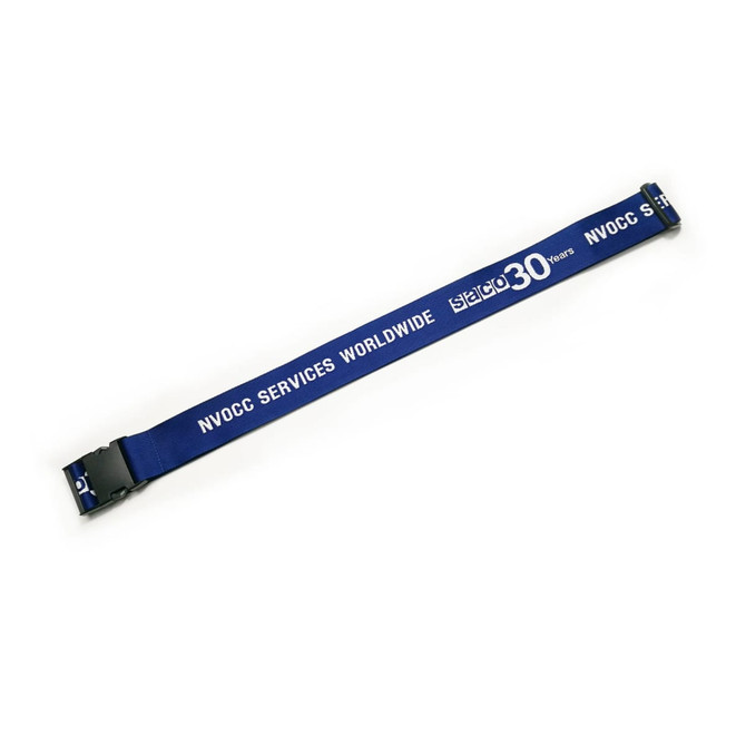A blue woven luggage belt featuring a black plastic buckle and a logo. Suitable for securing luggage.