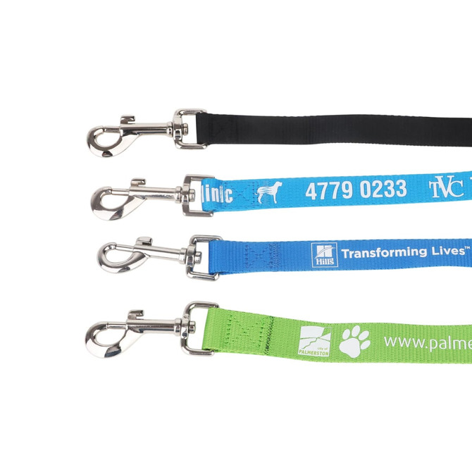 Four polyester dog leashes in black, blue, and green, featuring metal clips and branding.
