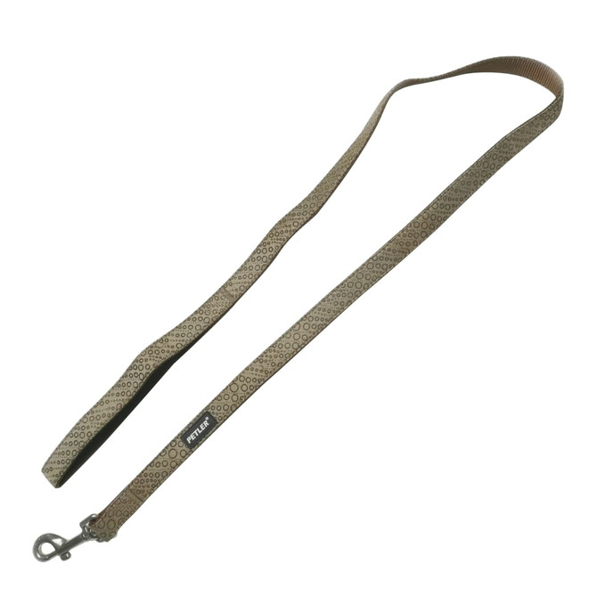 A detailed woven dog leash in earthy tones of brown and beige, featuring a metal clip and a logo.
