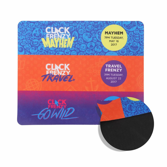 A colourful mouse mat featuring vibrant patterns in blue, orange, and purple, with a black underside. It includes a logo.