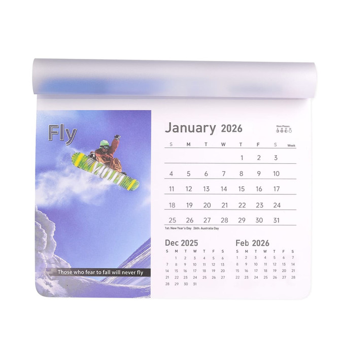 A calendar mouse mat featuring a snowboarding image in vibrant colours, with a January 2026 calendar layout.