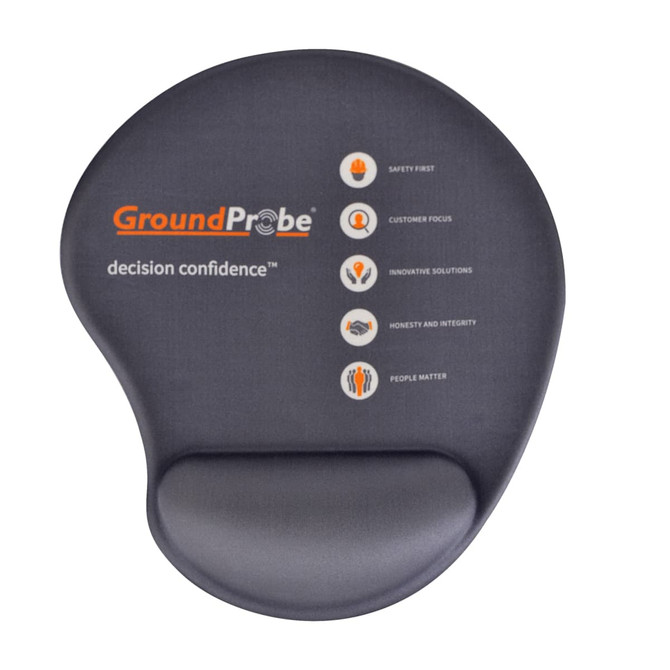 A grey mouse mat with a wrist pad, featuring a logo and various icons related to company values.