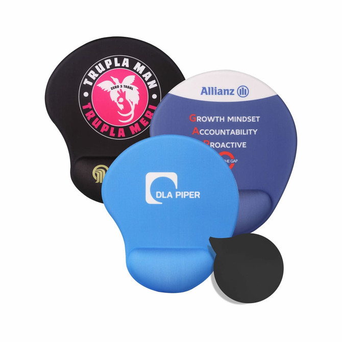 A collection of four bean gel pads in black, blue, and multi-colour designs, featuring various logos.