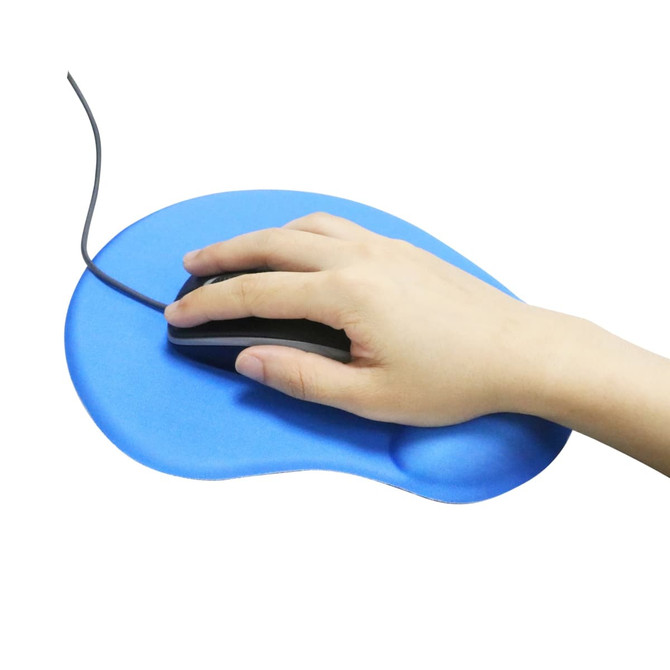 A blue gel mouse mat with a hand using a black computer mouse, featuring a smooth, contoured design.
