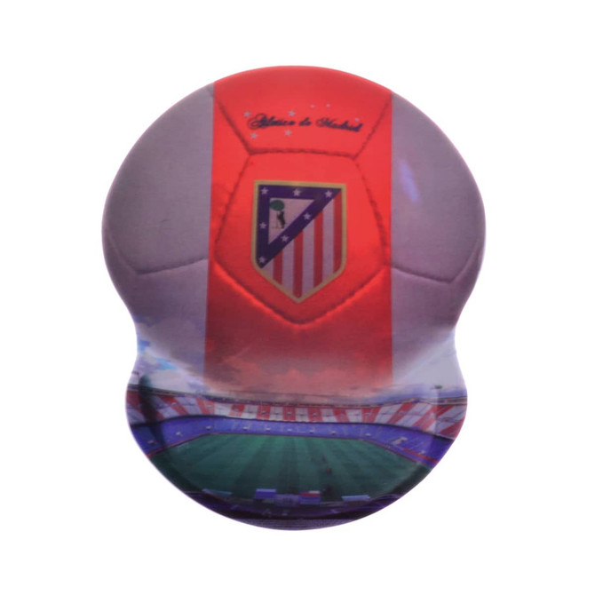 A mouse mat featuring a football design with a stadium scene and red accents. It has a logo on it.
