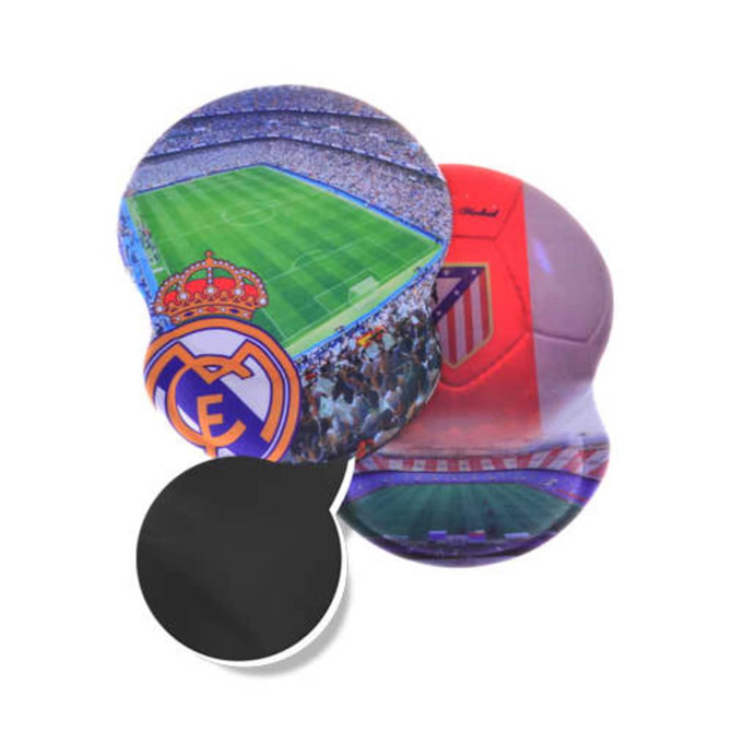 A set of three gel mouse mats featuring football stadiums with team logos in vibrant colours and a plain black mat.
