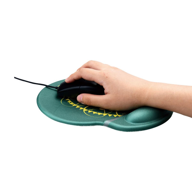 A green gel mouse pad with a hand holding a black mouse, featuring a rounded design and a logo.