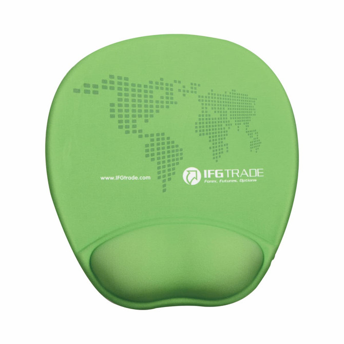 A green mouse mat featuring a padded wrist rest and a world map design in a dot pattern, with a logo.