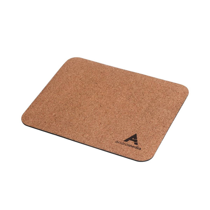 A cork mouse mat with a rounded rectangular shape, featuring a black underside and a logo.