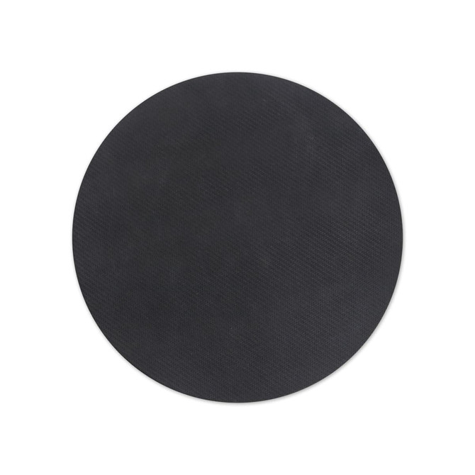 A round black cork mouse mat with a textured surface and a logo featured.