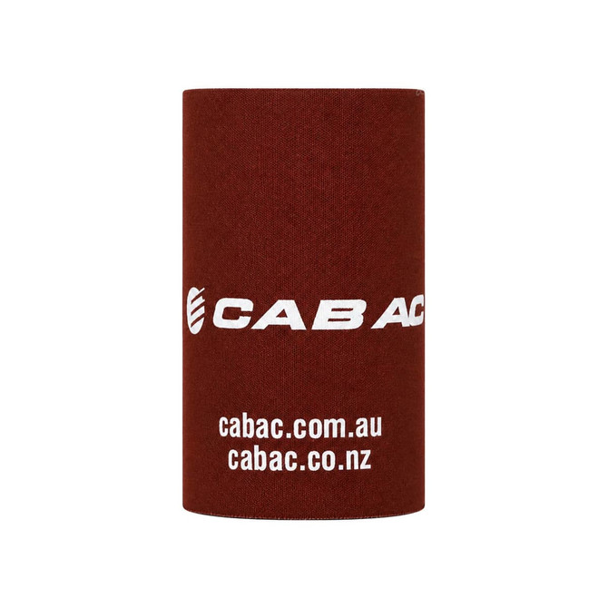 A drink bottle holder in a maroon colour with a logo, designed for keeping drinks cool.