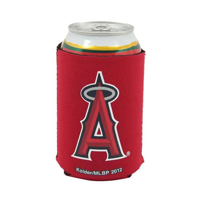 A drink can nestled in a red foldable stubby holder with a logo.