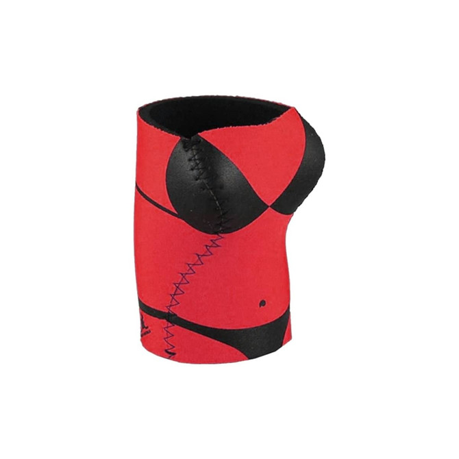A drink bottle holder with a red design featuring a black bikini, resembling a torso with stitched detailing.