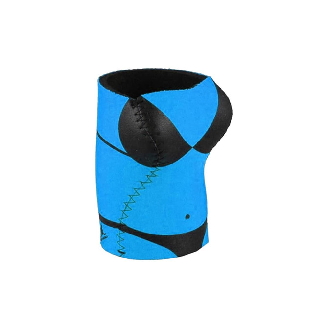 A drink bottle stubby holder in blue with a design resembling a bikini top and a black stitching detail.