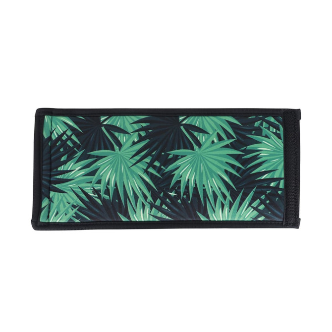 A drink bottle holder featuring a vibrant green palm leaf design against a black background, with a Velcro closure and branding.