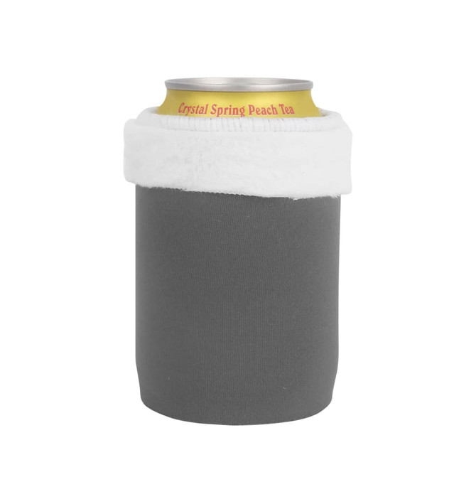A grey stubby holder with a white fur trim designed for beverage cans. It features a logo on the top.