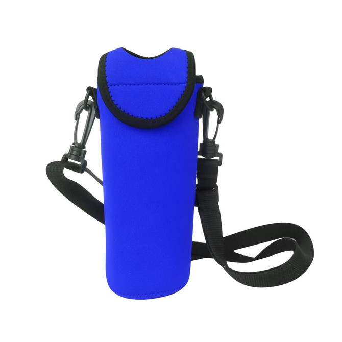 A drink bottle cooler in bright blue with a black strap and clips for easy carrying. It has a logo on the side.