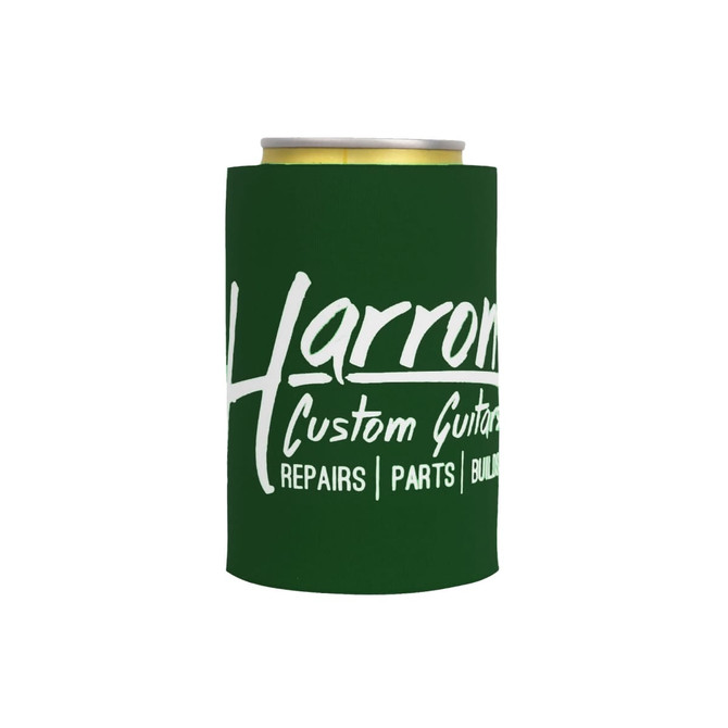 A drink bottle holder in green with a logo, designed for holding cans.