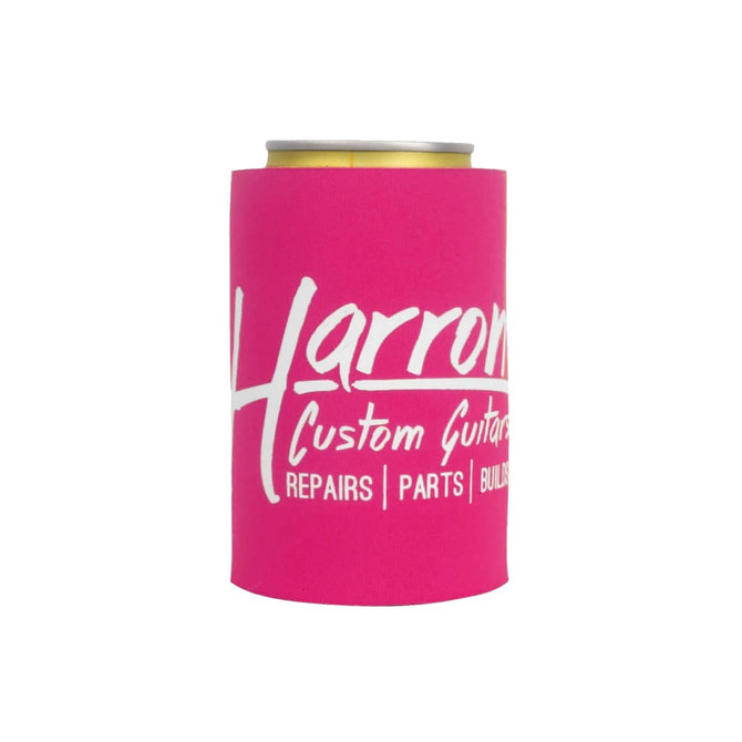 A drink bottle holder in vibrant pink, suitable for cans, featuring a logo.