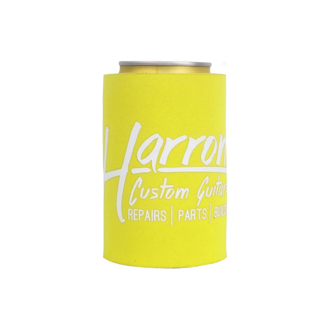 A drink bottle holder in bright yellow with a branding logo, designed to keep cans insulated.