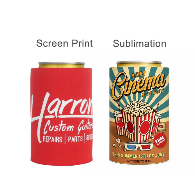 A drink bottle stubby holder in red with a logo, alongside a colourful retro cinema design stubby holder.