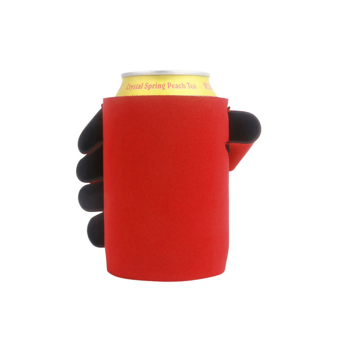 A red stubby holder with a black hand design, holding a can of drink. It features a logo on the holder.