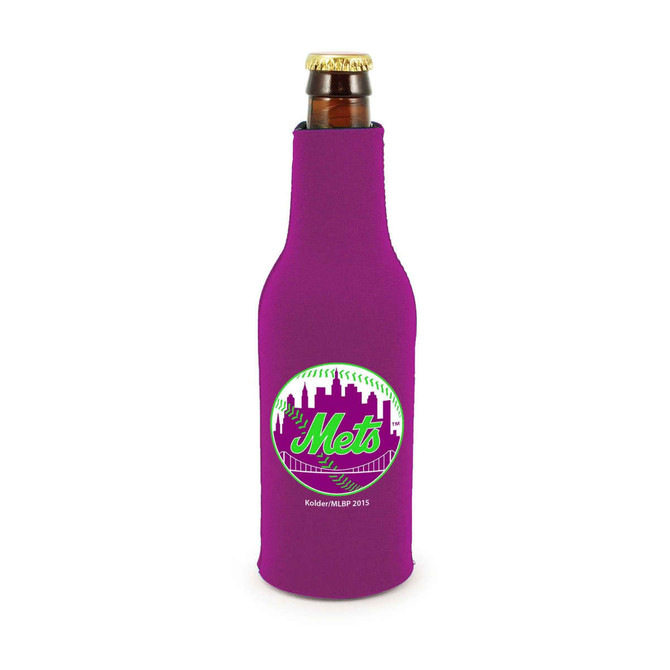 A drink bottle is wrapped in a purple zippered cooler featuring a logo.
