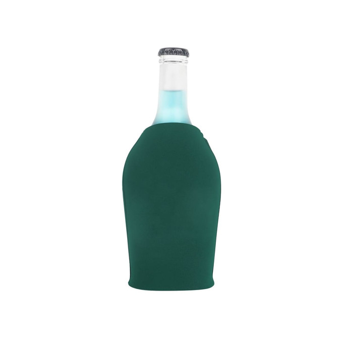 A drink bottle is encased in a dark green cooler with a zipper, featuring a transparent top.