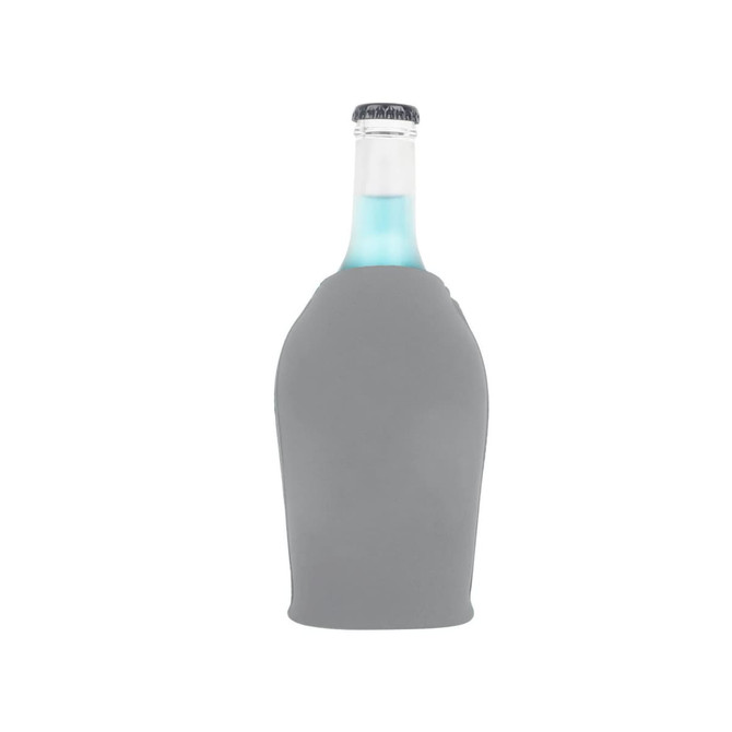A drink bottle in a grey short bottle cooler with a zipper, featuring a branding logo.