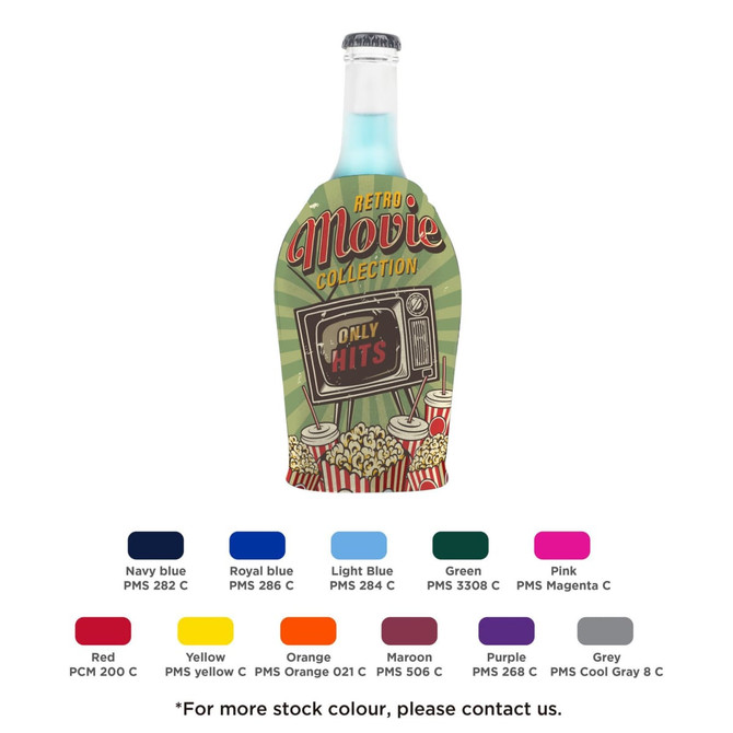 A drink bottle cooler with a zipper, featuring a retro movie design in multiple colours, including blue and pink.