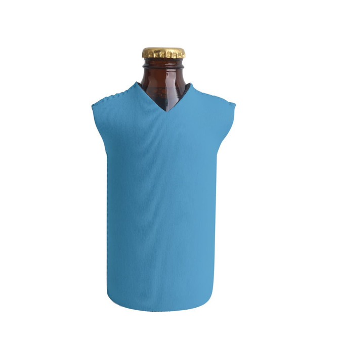 A drink bottle in a blue cooler with a v-neck design, featuring a bottle cap at the top.