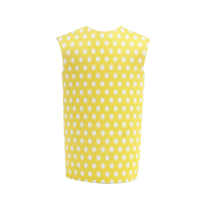 A drink bottle cooler in yellow with white polka dots, featuring a simple design and no visible branding.