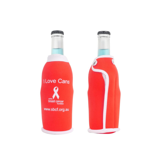 A drink bottle cooler in red with a white trim and a logo, designed for standard beverage bottles.