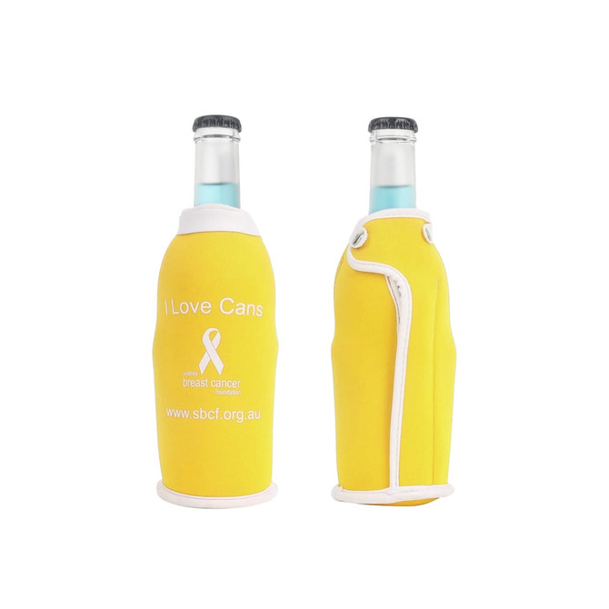 A drink bottle cooler in bright yellow, designed to fit standard bottles, with a logo and breast cancer awareness ribbon.