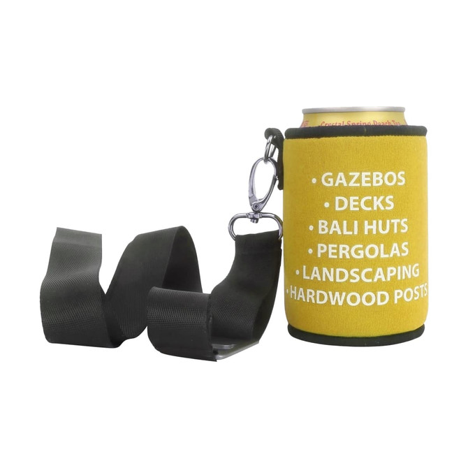 A drink bottle holder in yellow and black with a keyring attachment and a list of services on it.