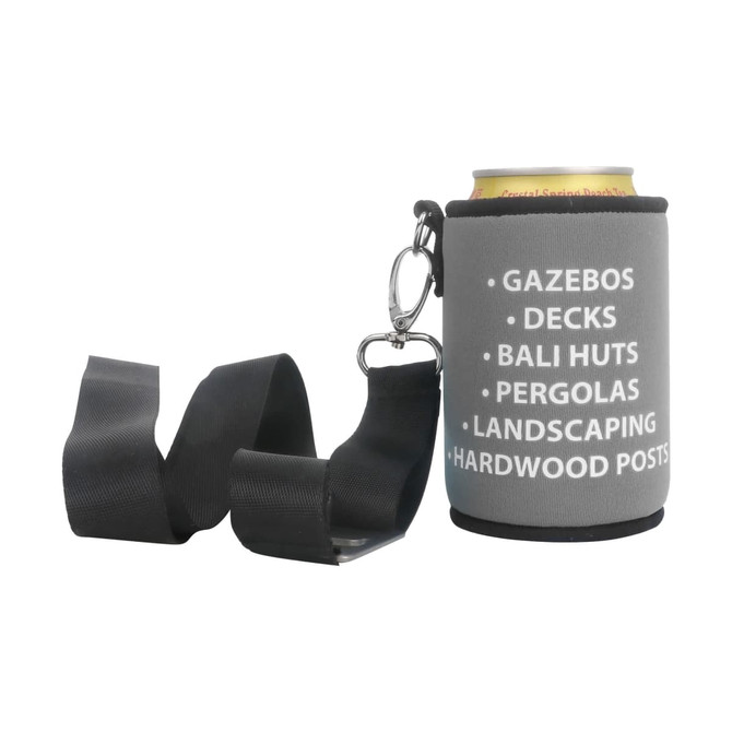 A drink bottle holder in grey with a clip, designed to keep cans cool. Features a logo.